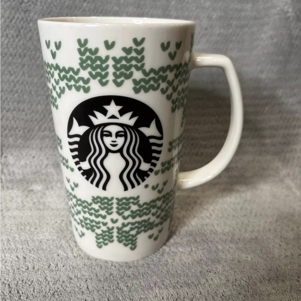 Starbucks Coffee or Tea Mug 2016 Green Knit Sweater Snowflake Design 16 fl. oz